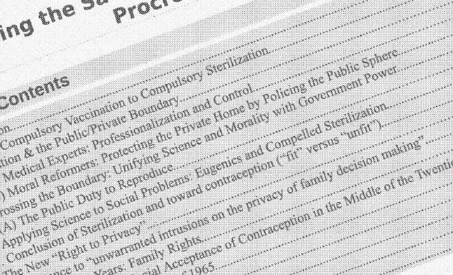 Stylized table of contents for chapter 5 of my dissertation: Policing the Sacred: State Interventions into Procreation